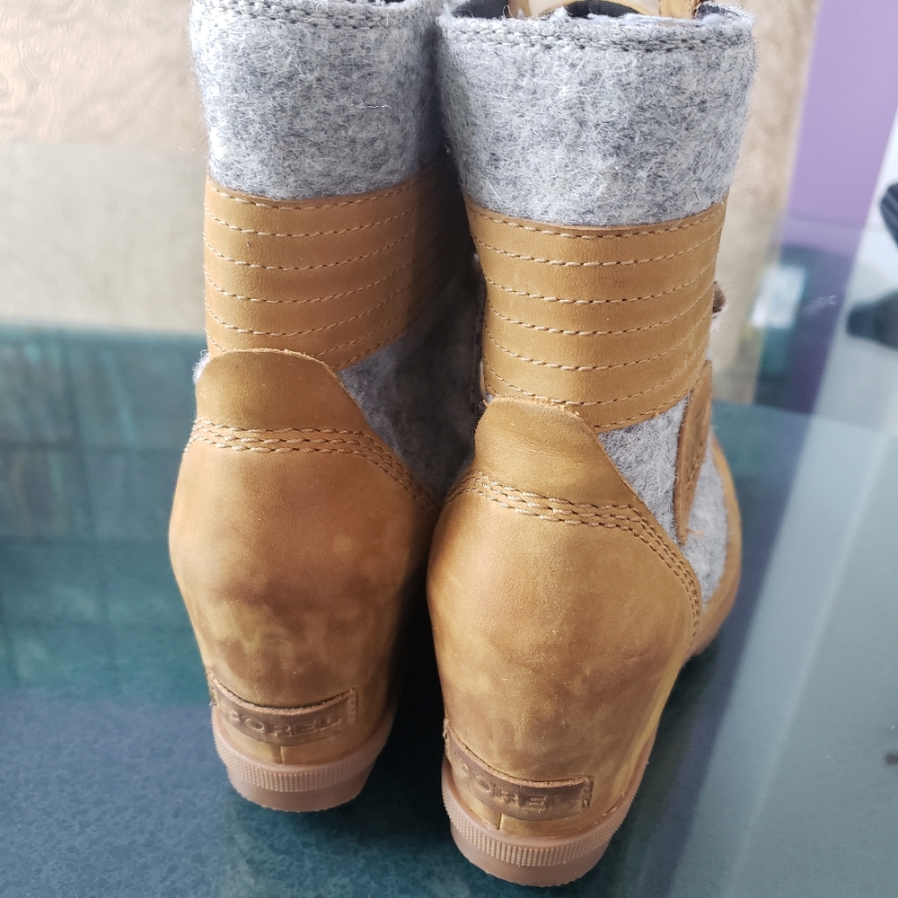 Sorel Tan and Gray Wedge Lace-Up Ankle Boots - Picture 6 of 12